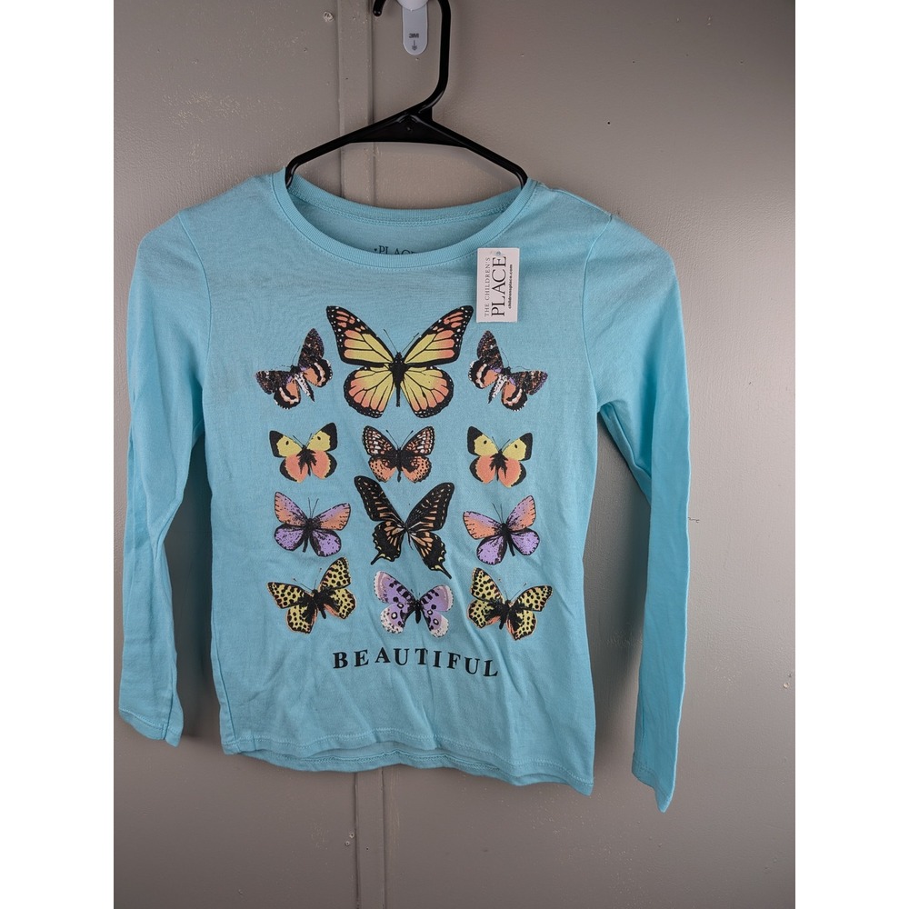 The Childrens Place Girls Blue Butterfly Beautiful Long Sleeve Graphic Tee M 7/8